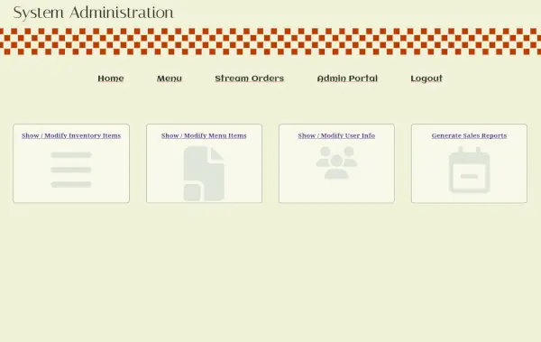 pizza shop admin portal page