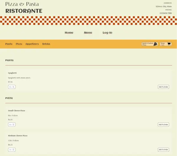 pizza shop menu page