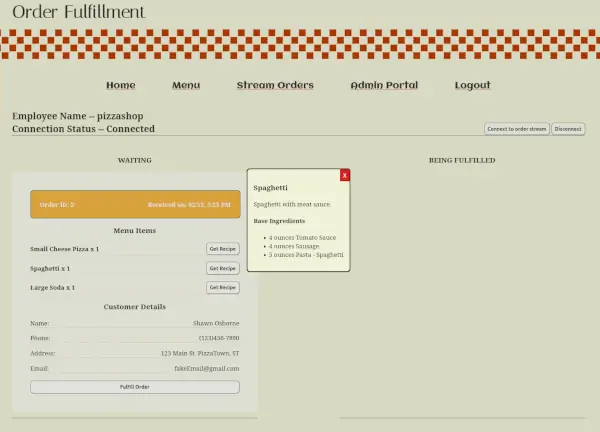pizza shop stream orders page with recipe view