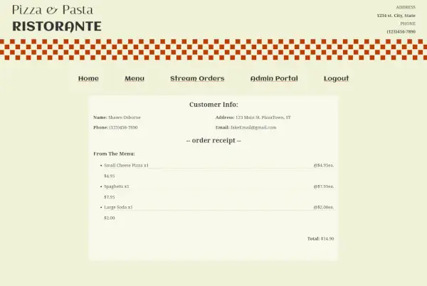 pizza shop receipt page
